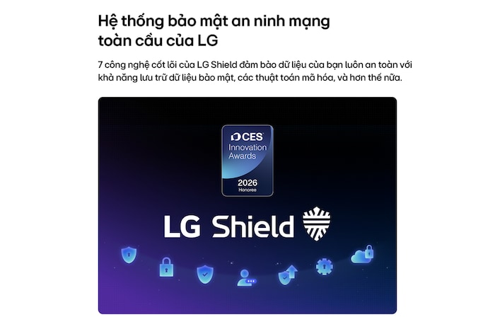 LG Shield, applied to LG OLED evo AI G6, is shown with an LG Shield logo at the center, security icons below, and a 2026 CES Innovation Awards Honoree badge above, representing data and system protection.
